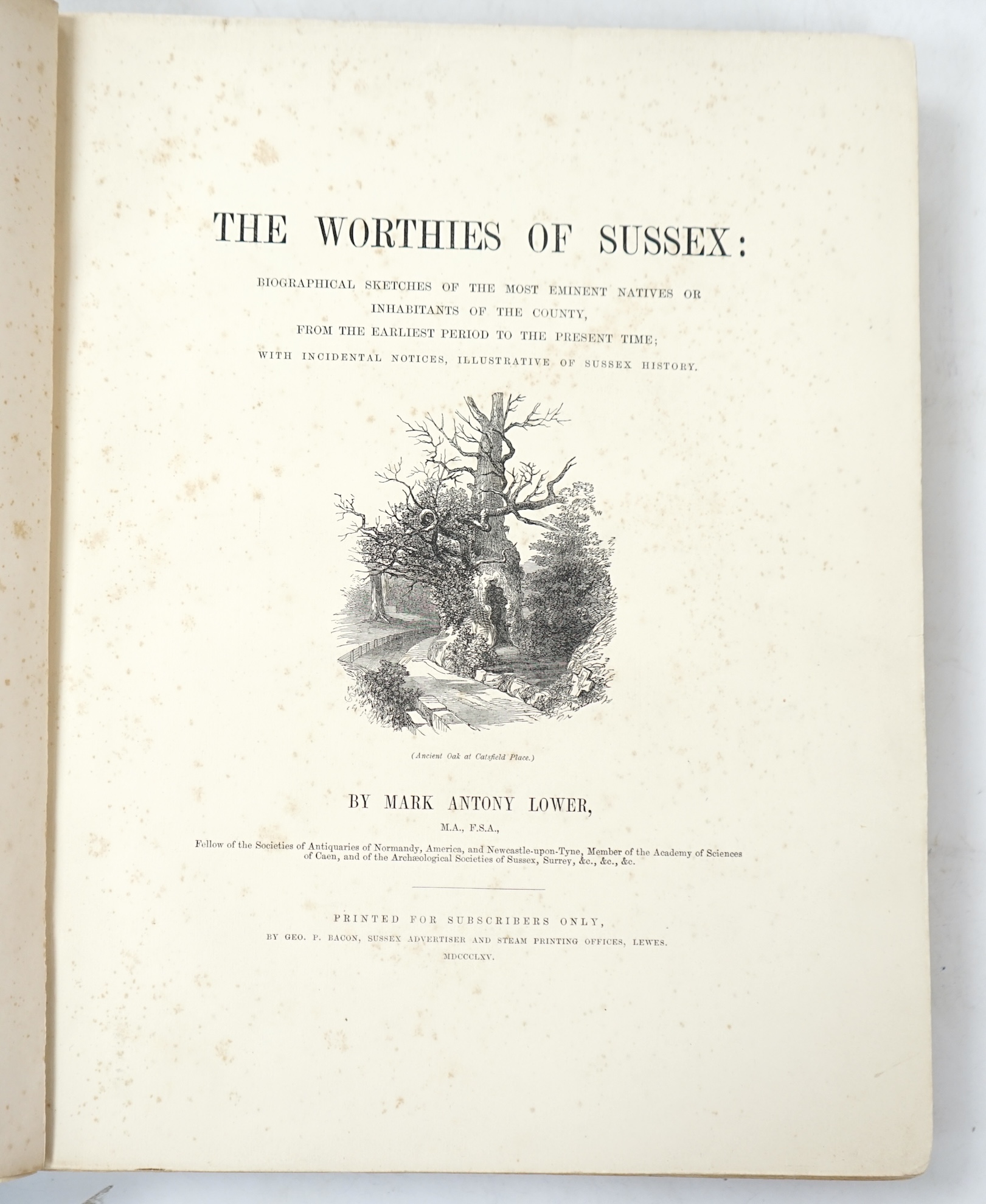 Lower, Mark Antony - The Worthies of Sussex: Biographical Sketches of the Most Eminent Natives of Inhabitants of the County, large 4to, cloth, coloured lithograph frontispiece and 7 uncoloured plates, Lewes, 1865 and Pag